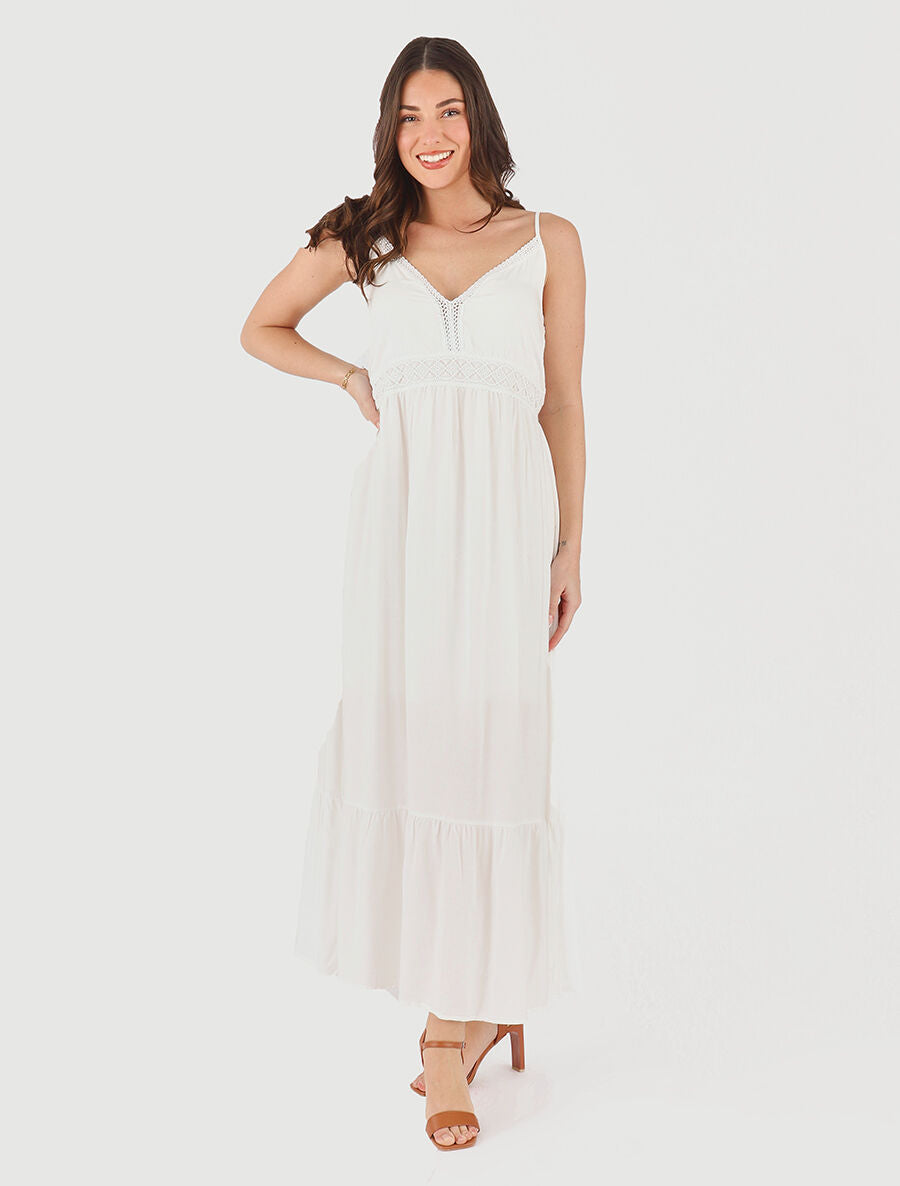 Robe longue unie à fines bretelles - Blanc - 4