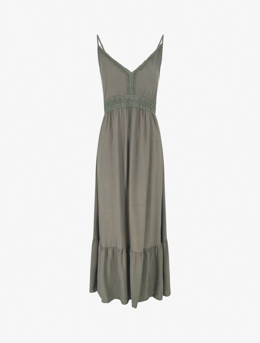 Robe longue unie à fines bretelles - Kaki - 1