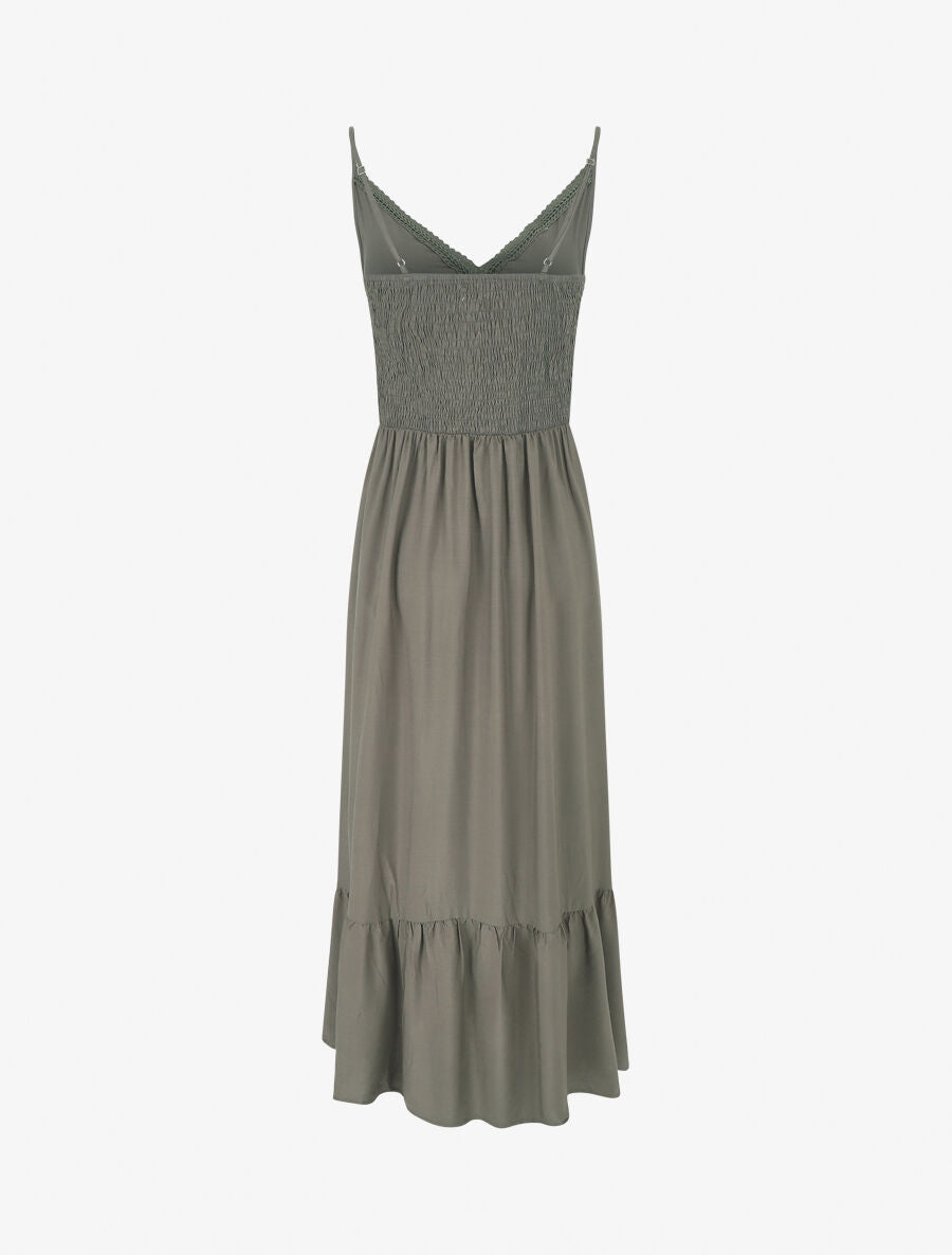 Robe longue unie à fines bretelles - Kaki - 2