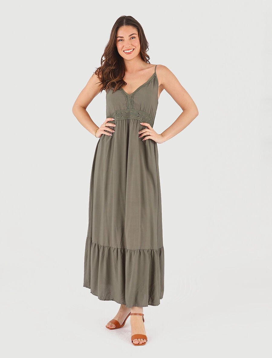 Robe longue unie à fines bretelles - Kaki - 4