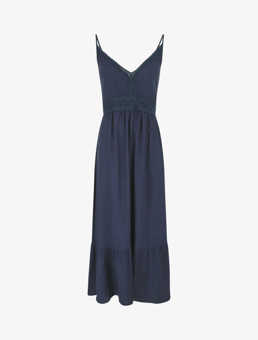 Robe longue unie à fines bretelles - Marine - 5