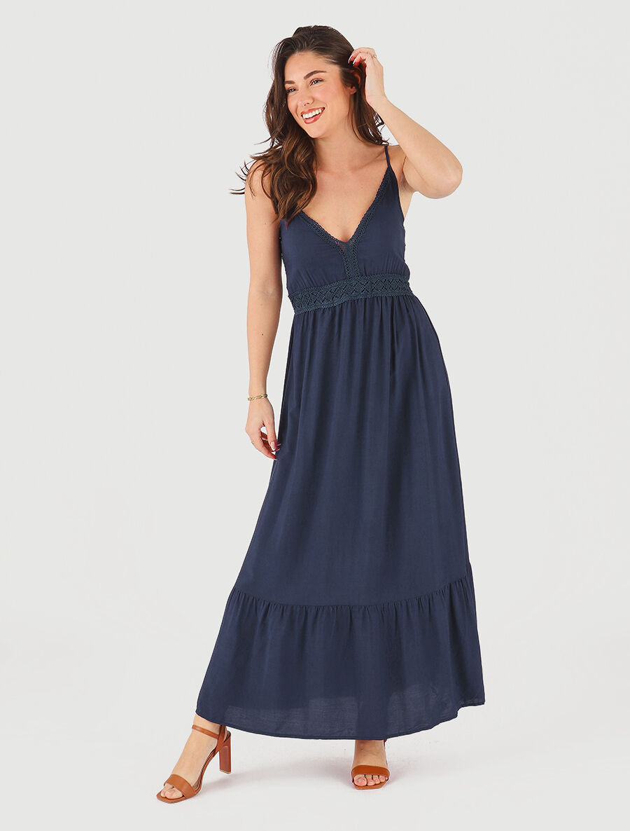 Robe longue unie à fines bretelles - Marine - 4