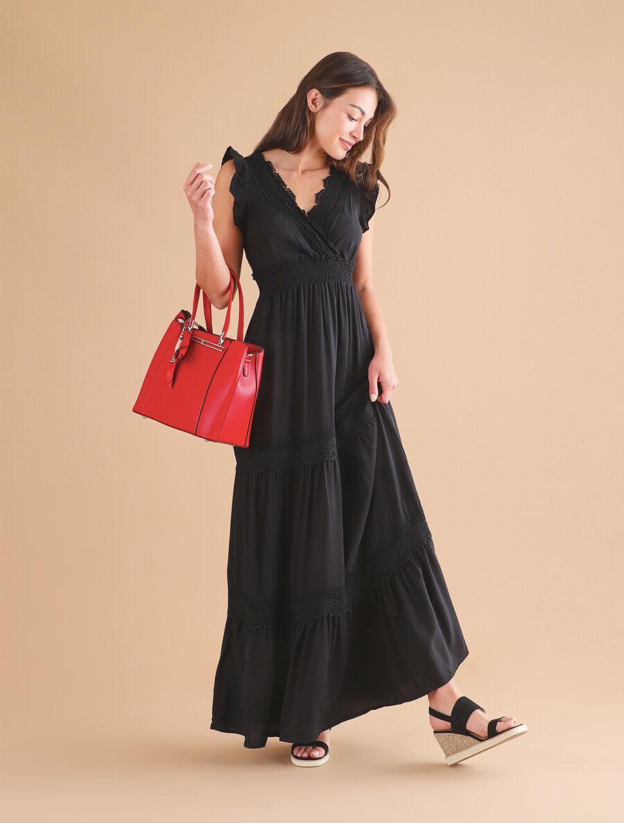 Robe longue unie ajourée - Noir - 4