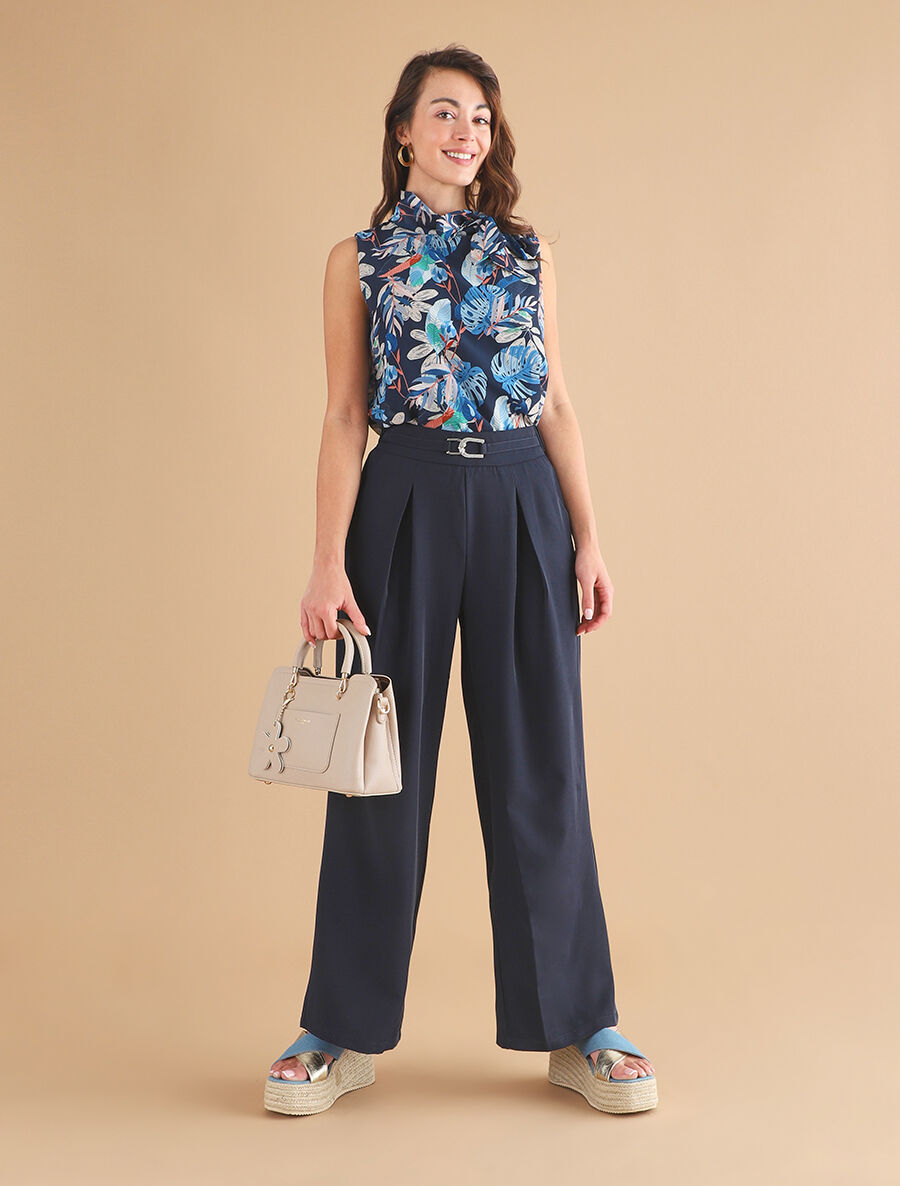 Pantalon ample taille haute à boucle style maillon - Marine - 4