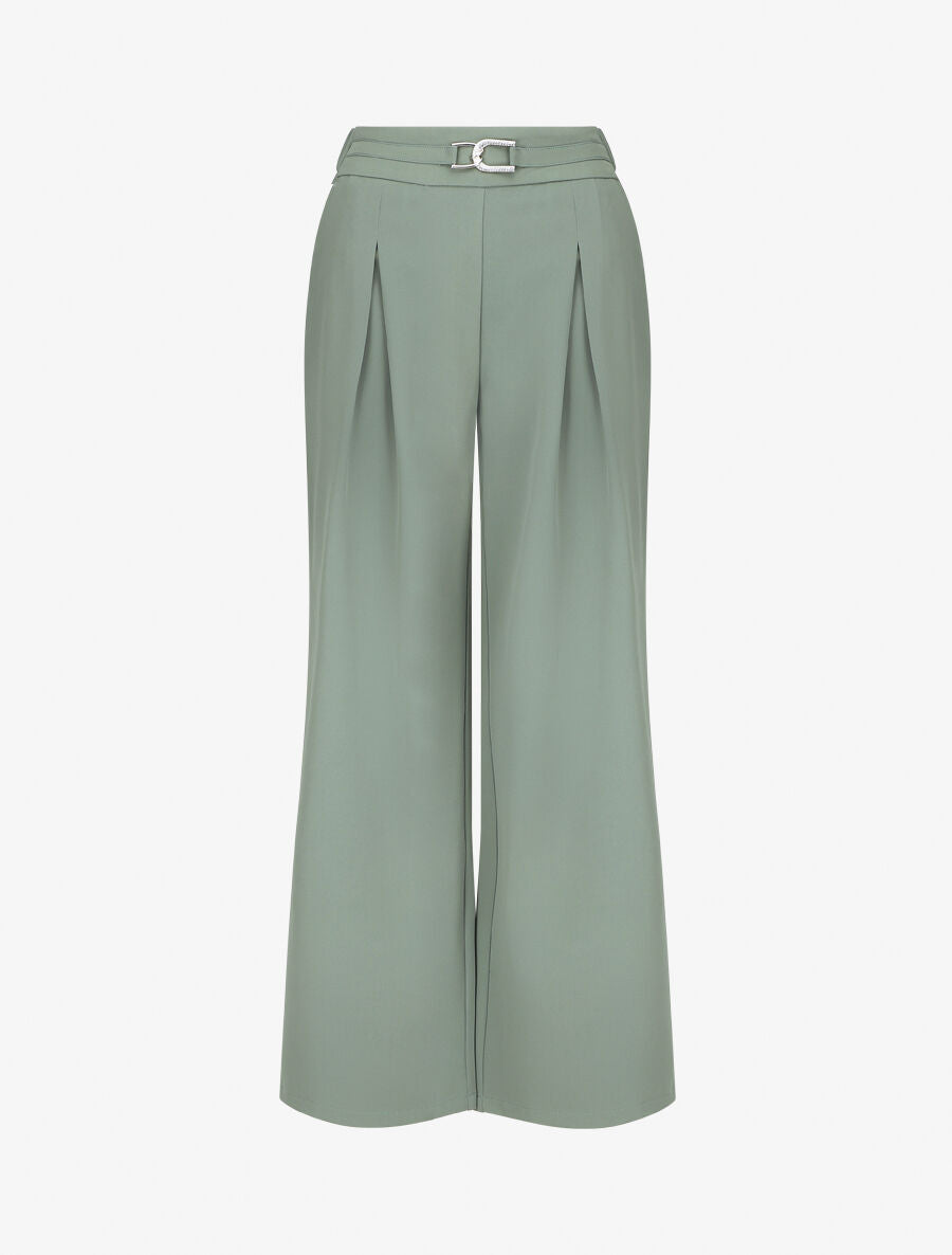 Pantalon ample taille haute à boucle style maillon - Vert gris - 1
