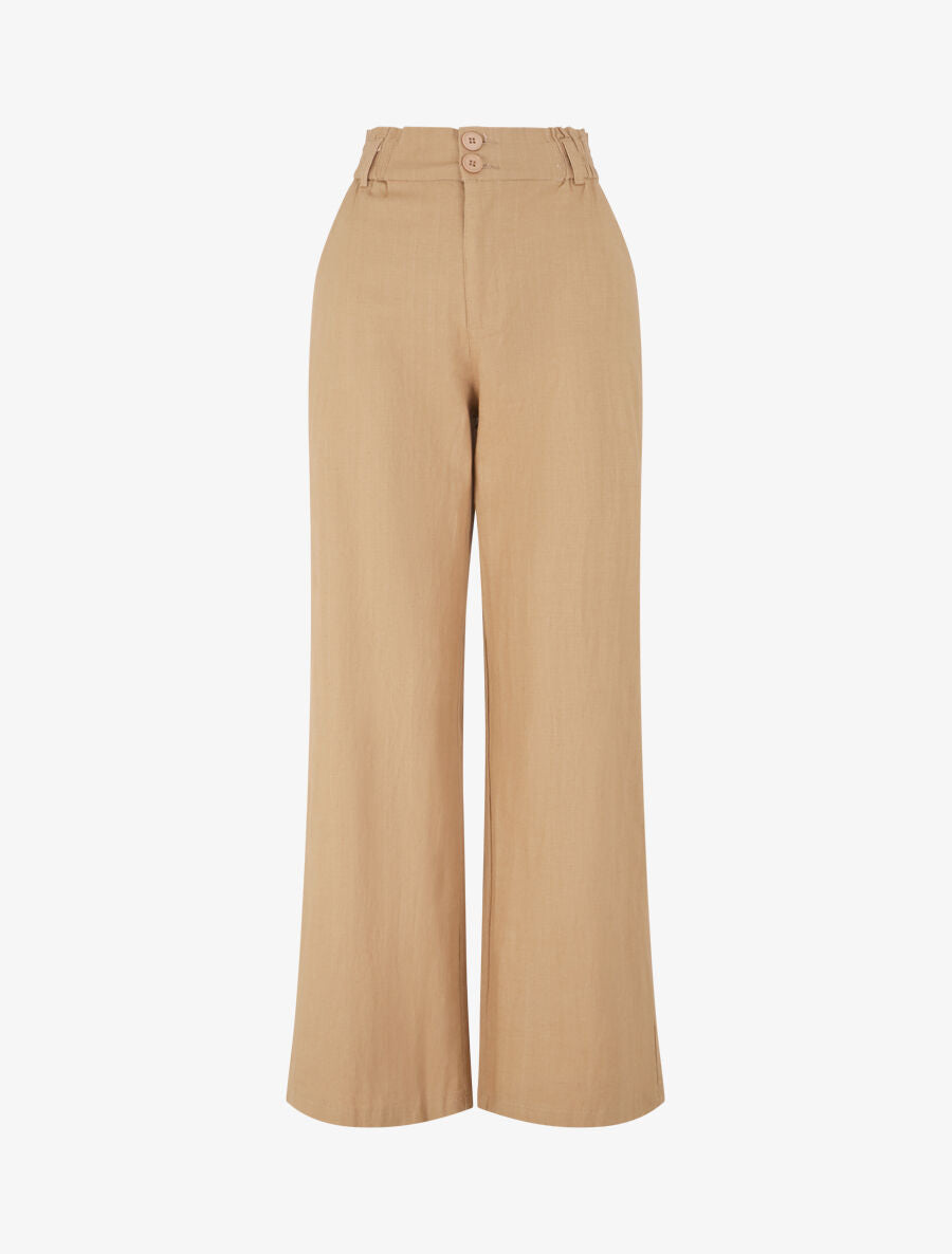 Pantalon ample effet lin à 2 boutons - Camel - 1