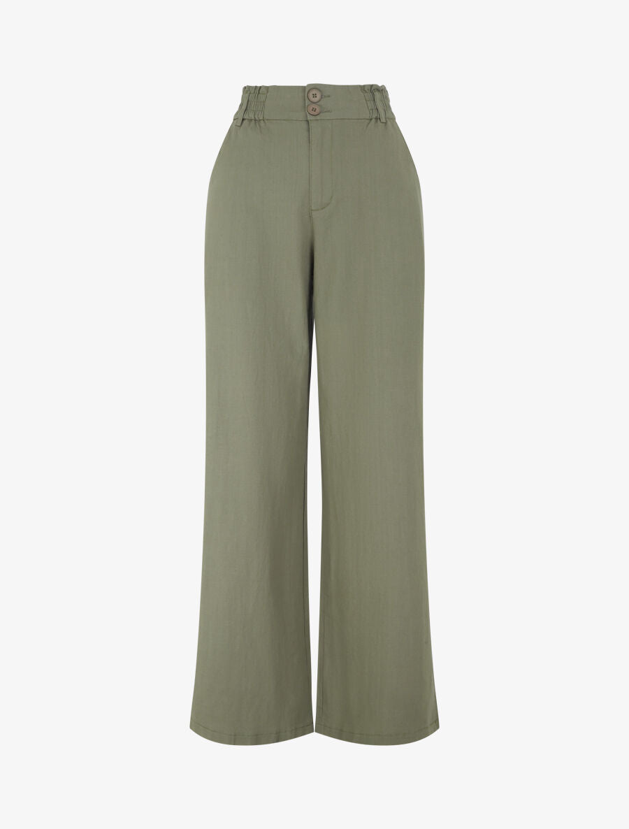 Pantalon ample effet lin à 2 boutons - Kaki - 1