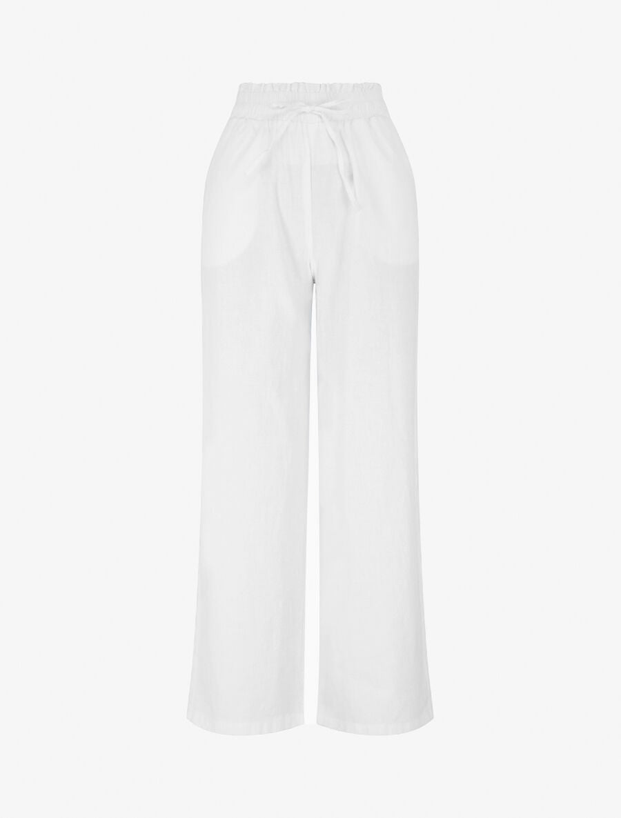 Pantalon uni élastiqué effet lin - Blanc - 5