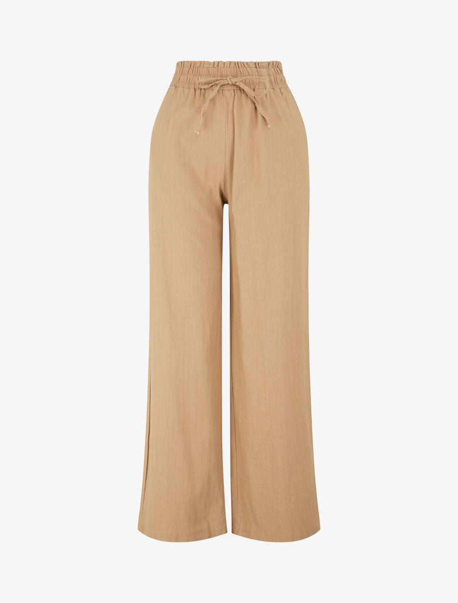 Pantalon uni élastiqué effet lin - Camel - 4