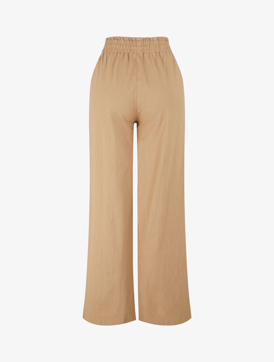 Pantalon uni élastiqué effet lin - Camel - 2