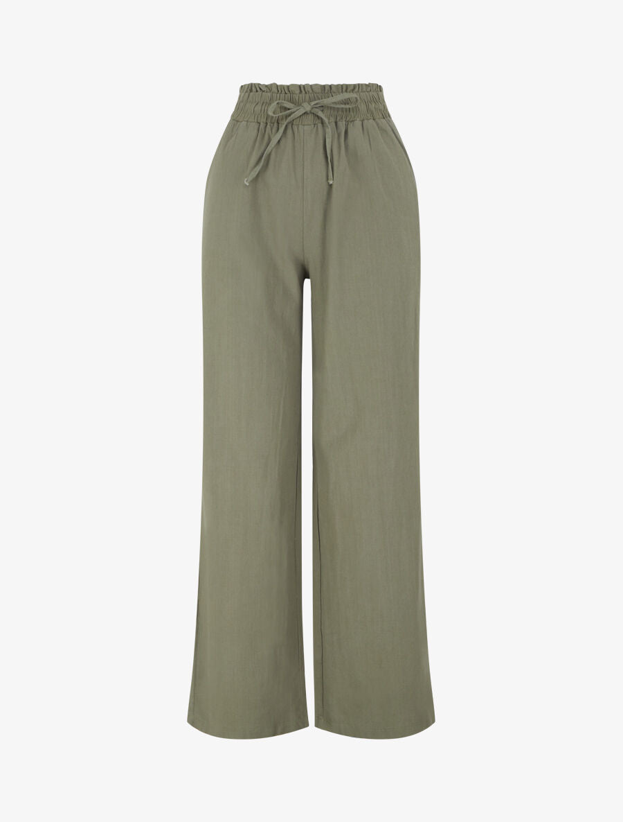 Pantalon uni élastiqué effet lin - Kaki - 1