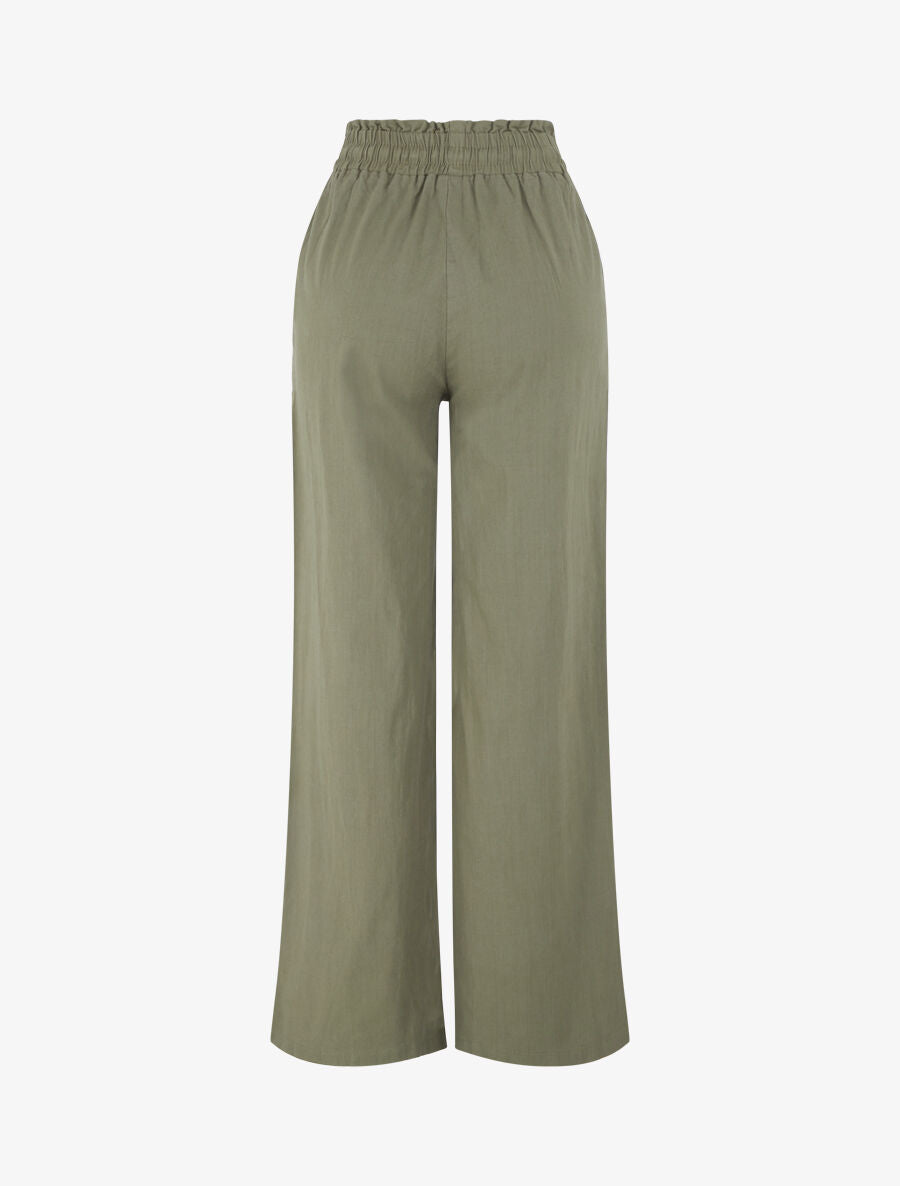 Pantalon uni élastiqué effet lin - Kaki - 2