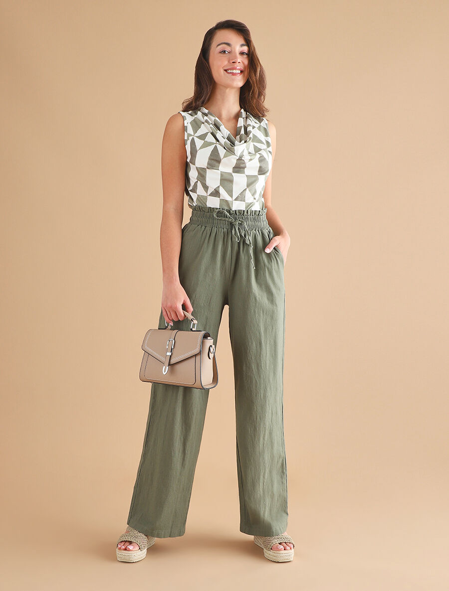 Pantalon uni élastiqué effet lin - Kaki - 4