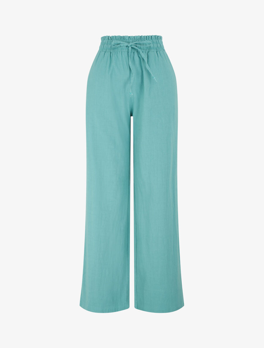 Pantalon uni élastiqué effet lin - Turquoise - 4