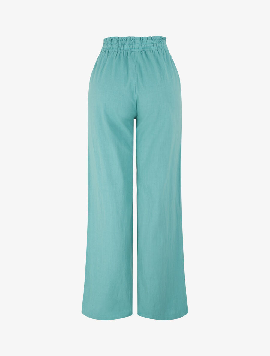 Pantalon uni élastiqué effet lin - Turquoise - 2