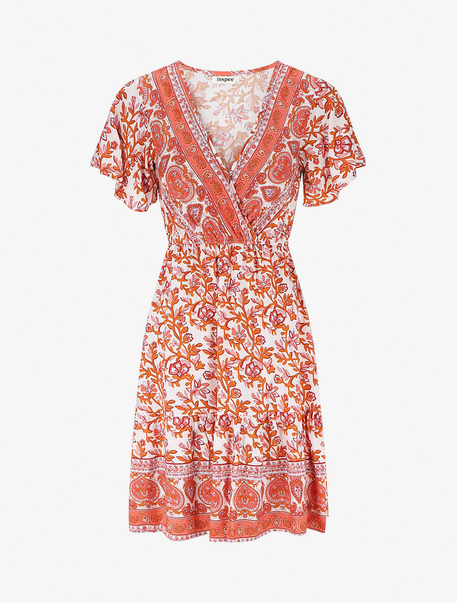 Robe imprimé foulard à manches volantées - Orange - 5