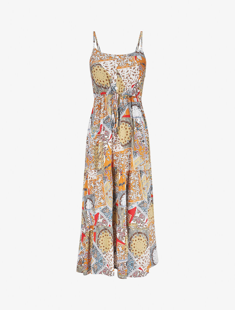 Robe longue motif patchwork à fines bretelles - Beige - 1