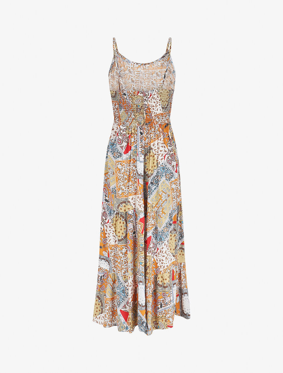 Robe longue motif patchwork à fines bretelles - Beige - 2