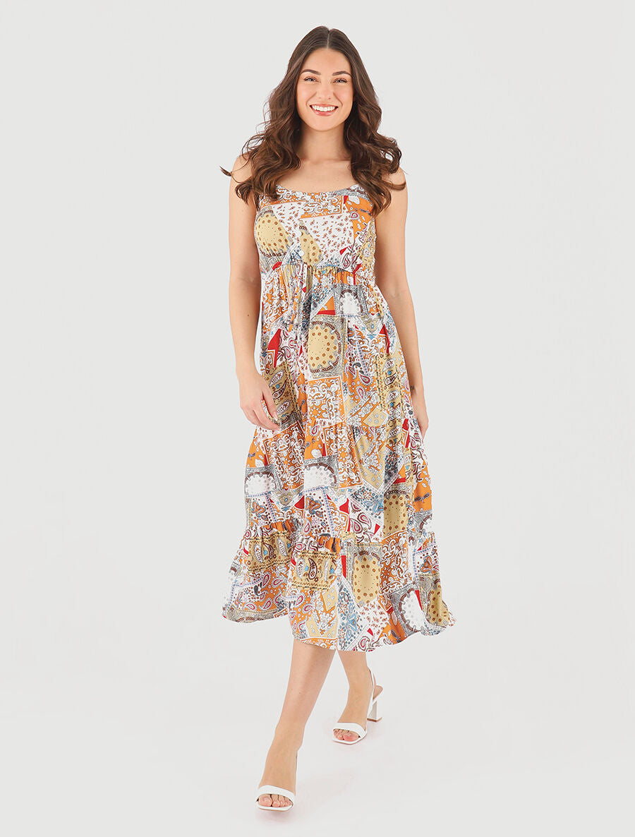 Robe longue motif patchwork à fines bretelles - Beige - 4