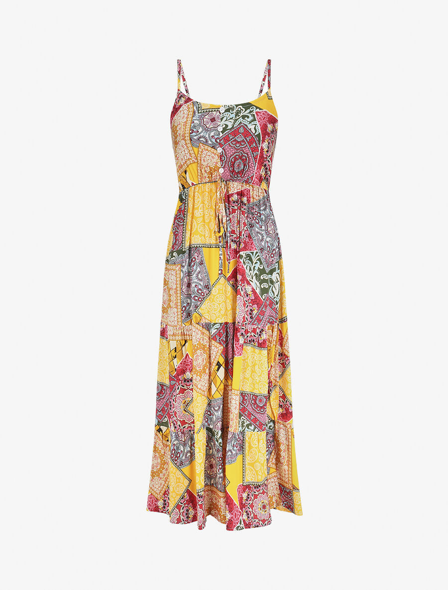 Robe longue motif patchwork à fines bretelles - Jaune - 1