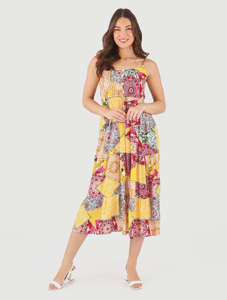 Robe longue motif patchwork à fines bretelles - Jaune - 4