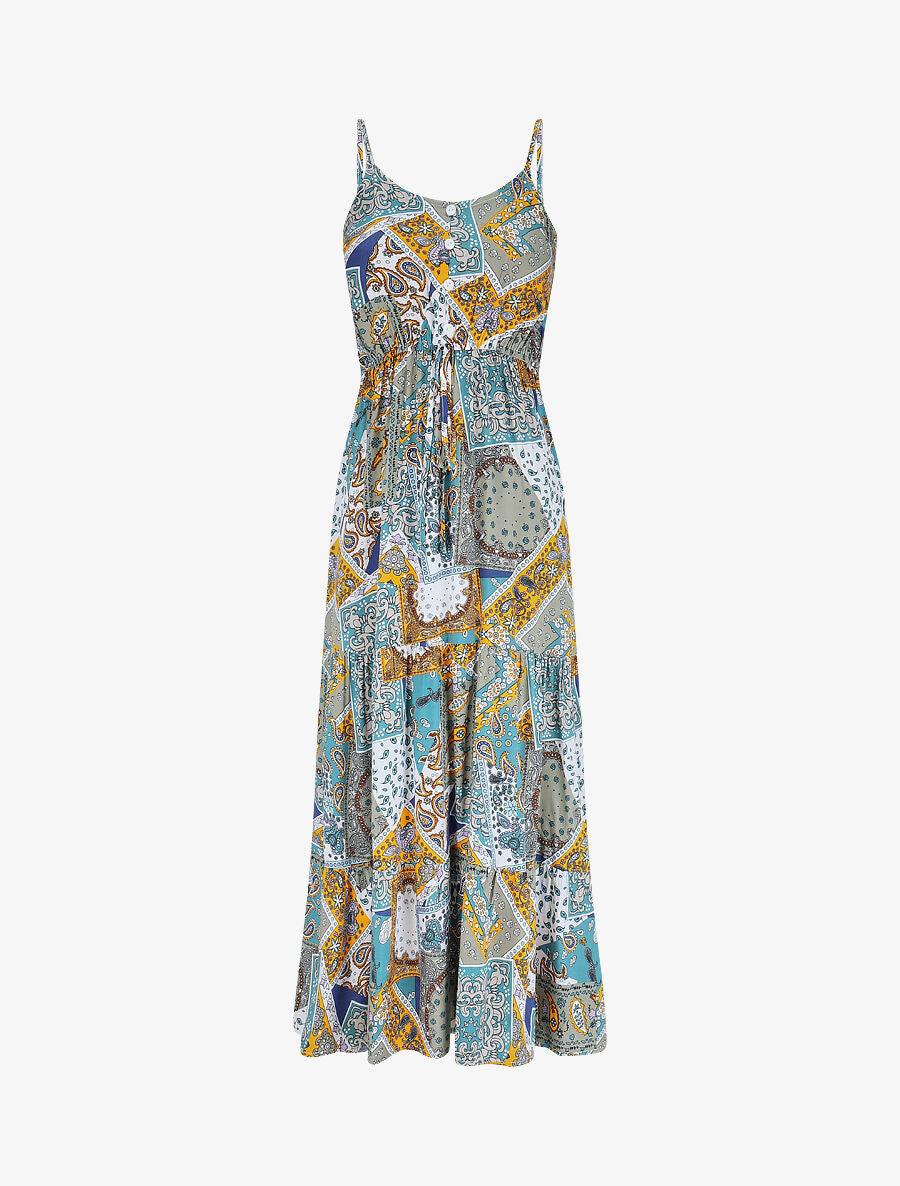 Robe longue motif patchwork à fines bretelles - Kaki - 1