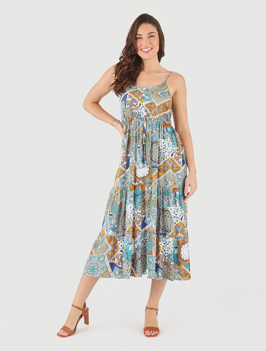 Robe longue motif patchwork à fines bretelles - Kaki - 4