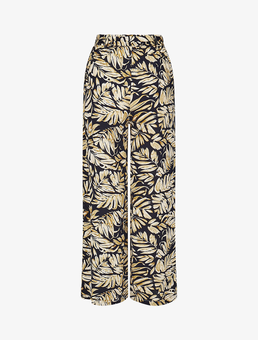 Pantalon fluide élastiqué imprimé feuilles - Bleu - 2