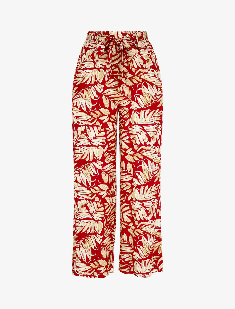 Pantalon fluide élastiqué imprimé feuilles - Rouge - 1