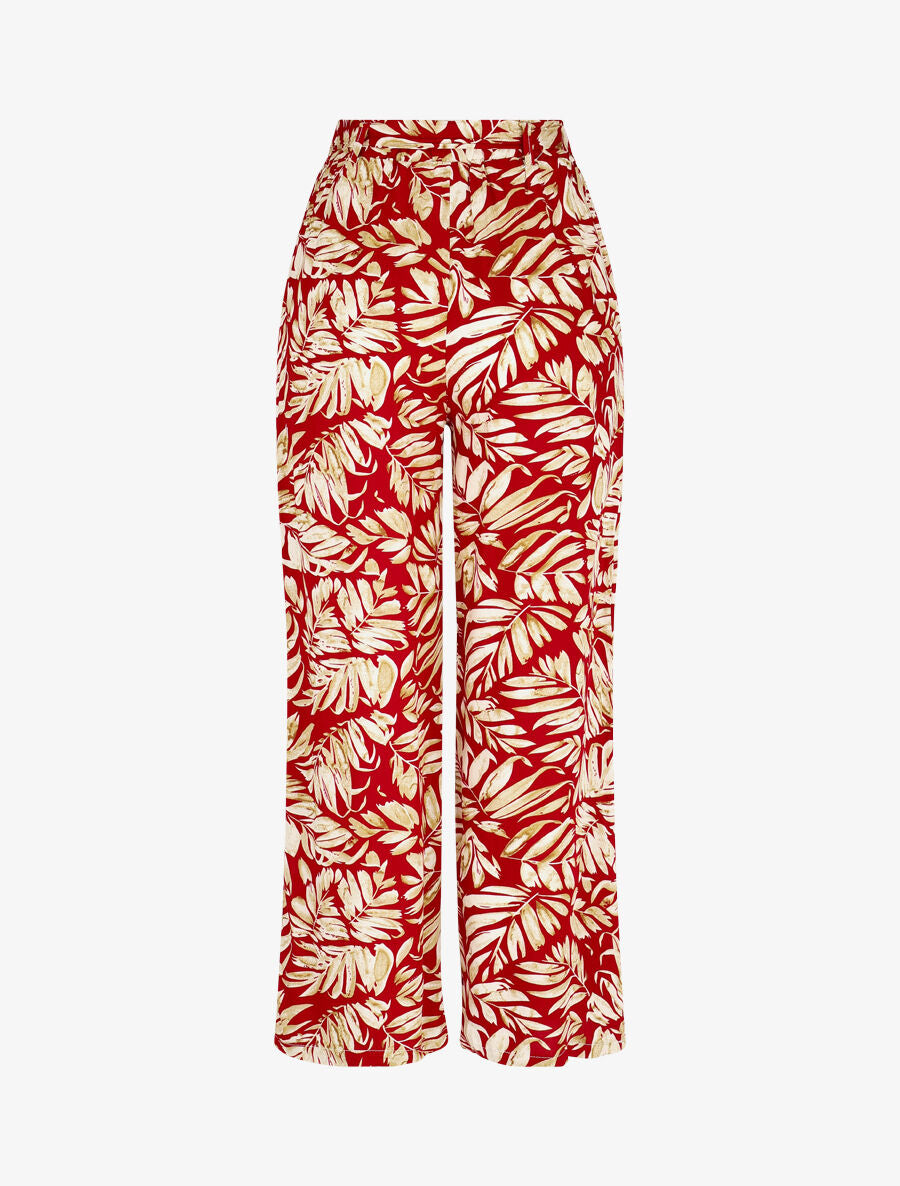 Pantalon fluide élastiqué imprimé feuilles - Rouge - 2
