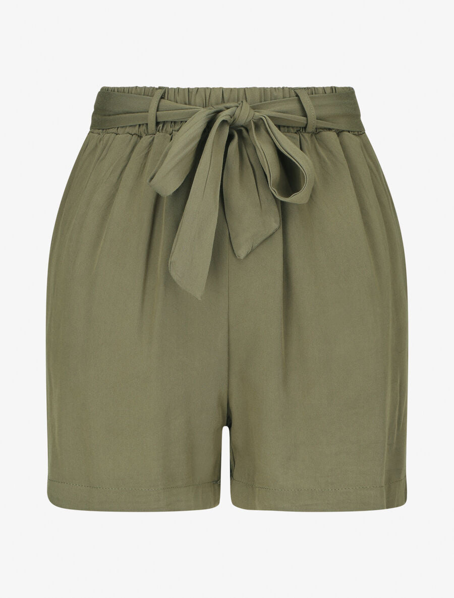 Short fluide uni et ceinturé - Kaki - 1