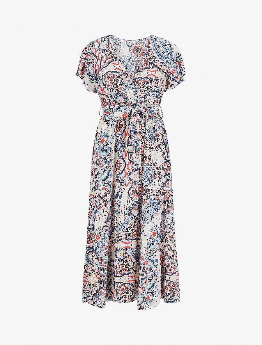 Robe longues motif floral à mancherons - Marine - 1