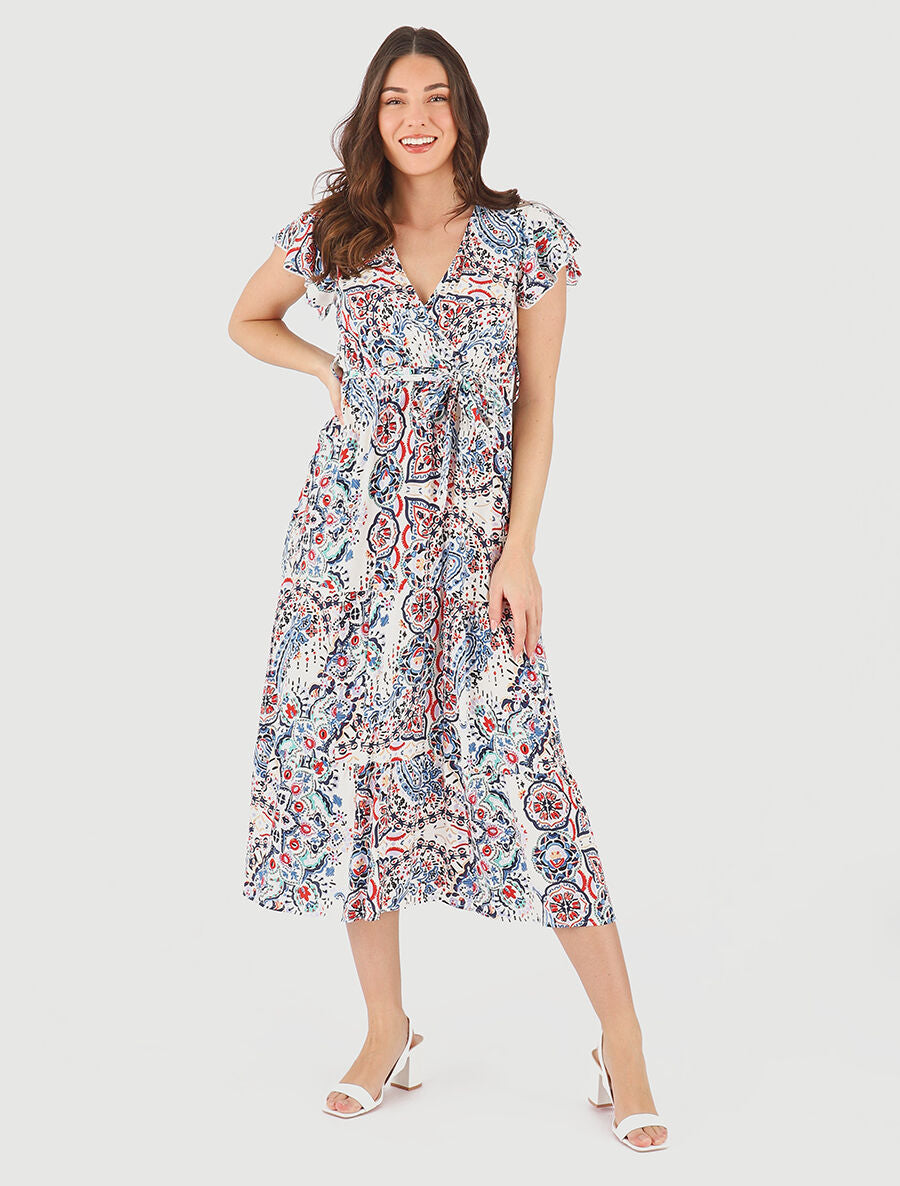Robe longues motif floral à mancherons - Marine - 4