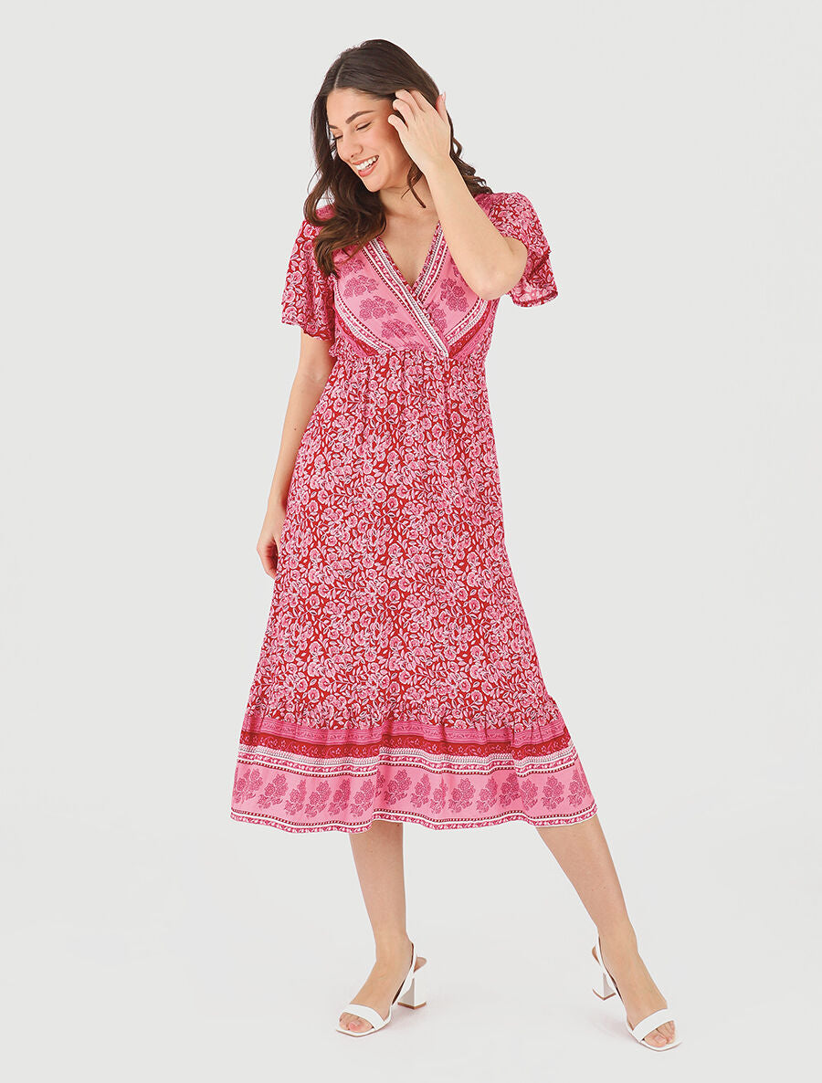 Robe longue à fleurs et manches courtes - Rouge - 4