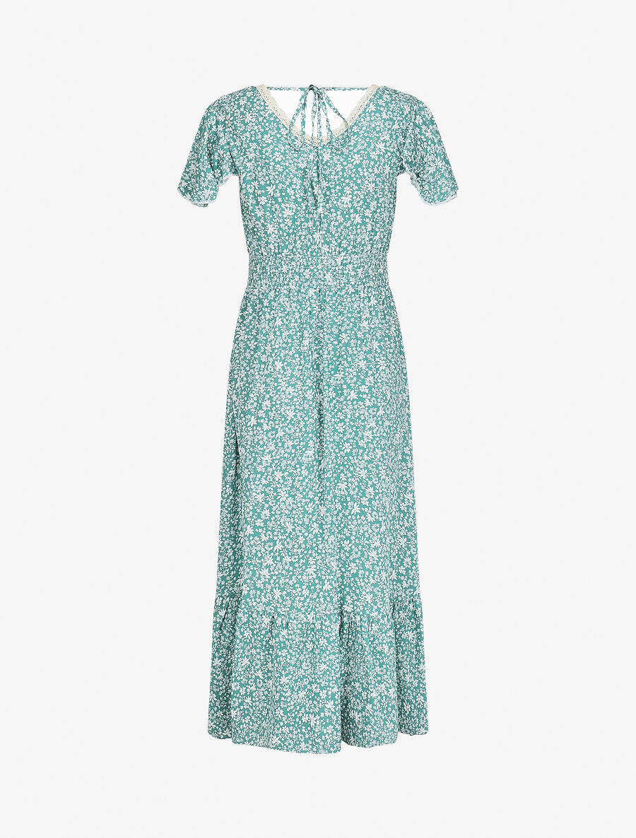 Robe longue manches courtes à petites fleurs - Vert d&