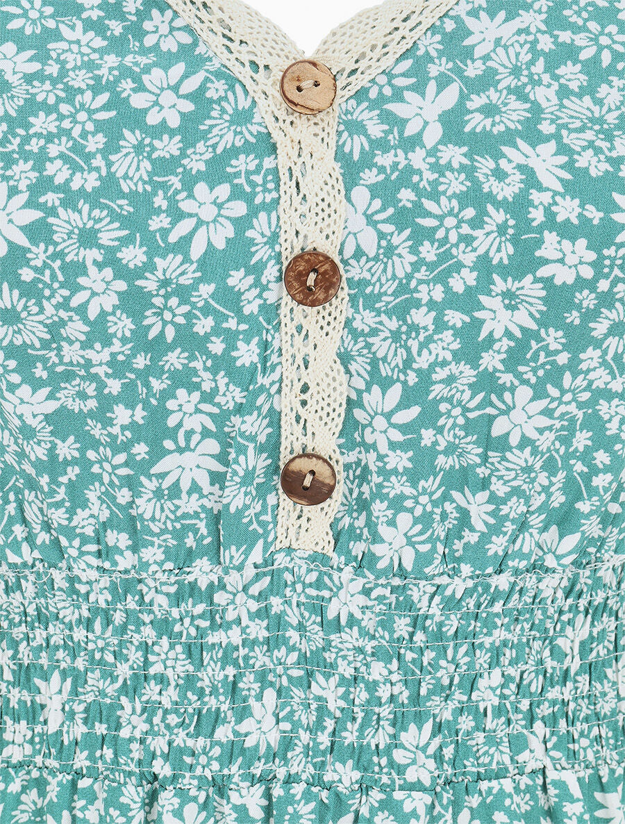 Robe longue manches courtes à petites fleurs - Vert d&