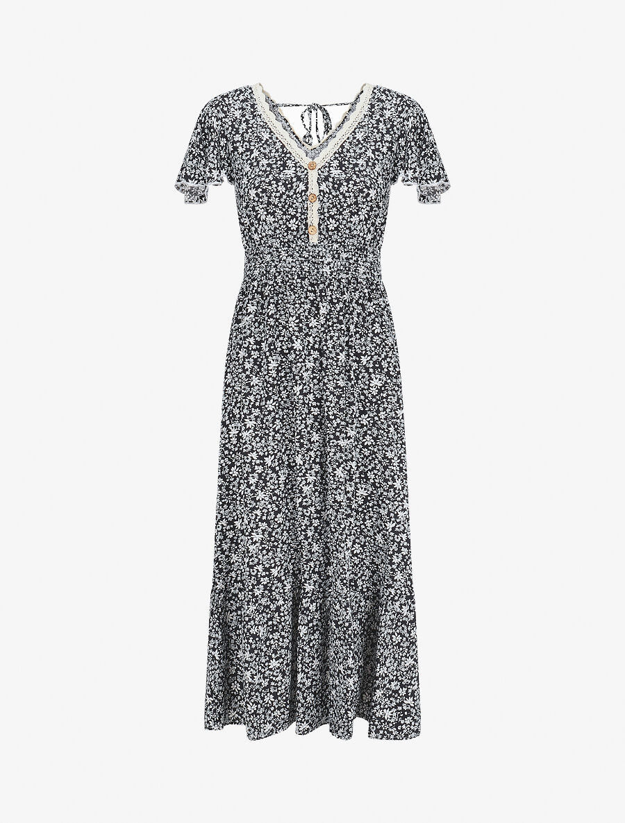 Robe longue manches courtes à petites fleurs - Marine - 1