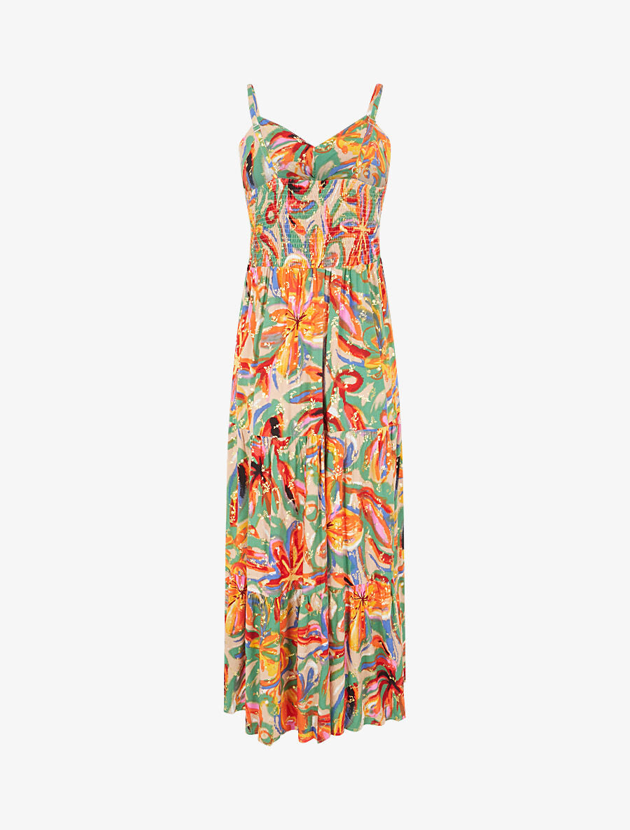 Robe longue fleurie évasée à fines bretelles - Beige/orange - 2