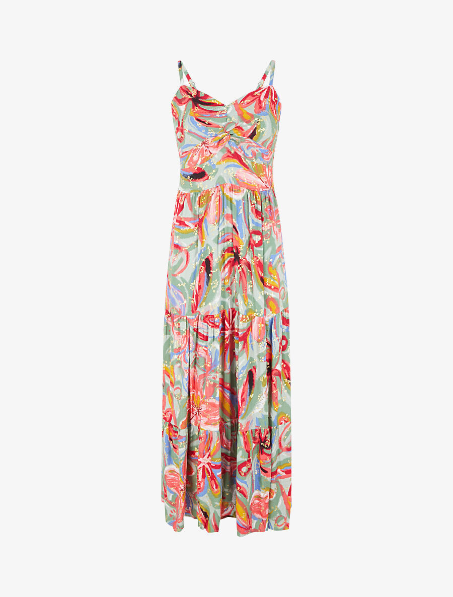 Robe longue fleurie évasée à fines bretelles - Vert/fuschia - 4