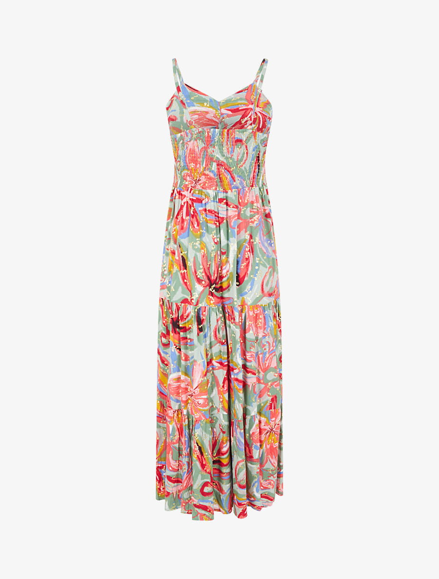 Robe longue fleurie évasée à fines bretelles - Vert/fuschia - 2