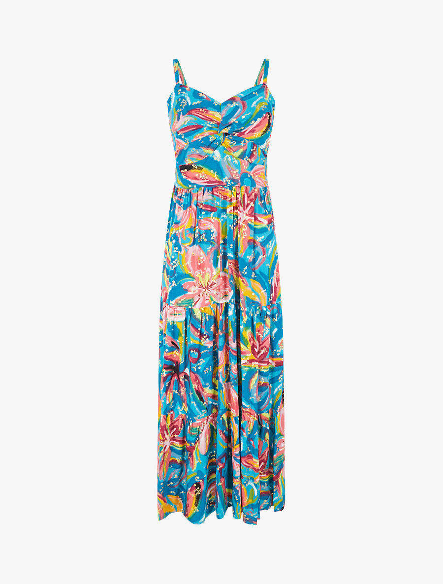 Robe longue fleurie évasée à fines bretelles - Bleu/rose - 4