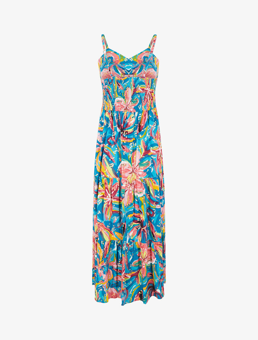 Robe longue fleurie évasée à fines bretelles - Bleu/rose - 2