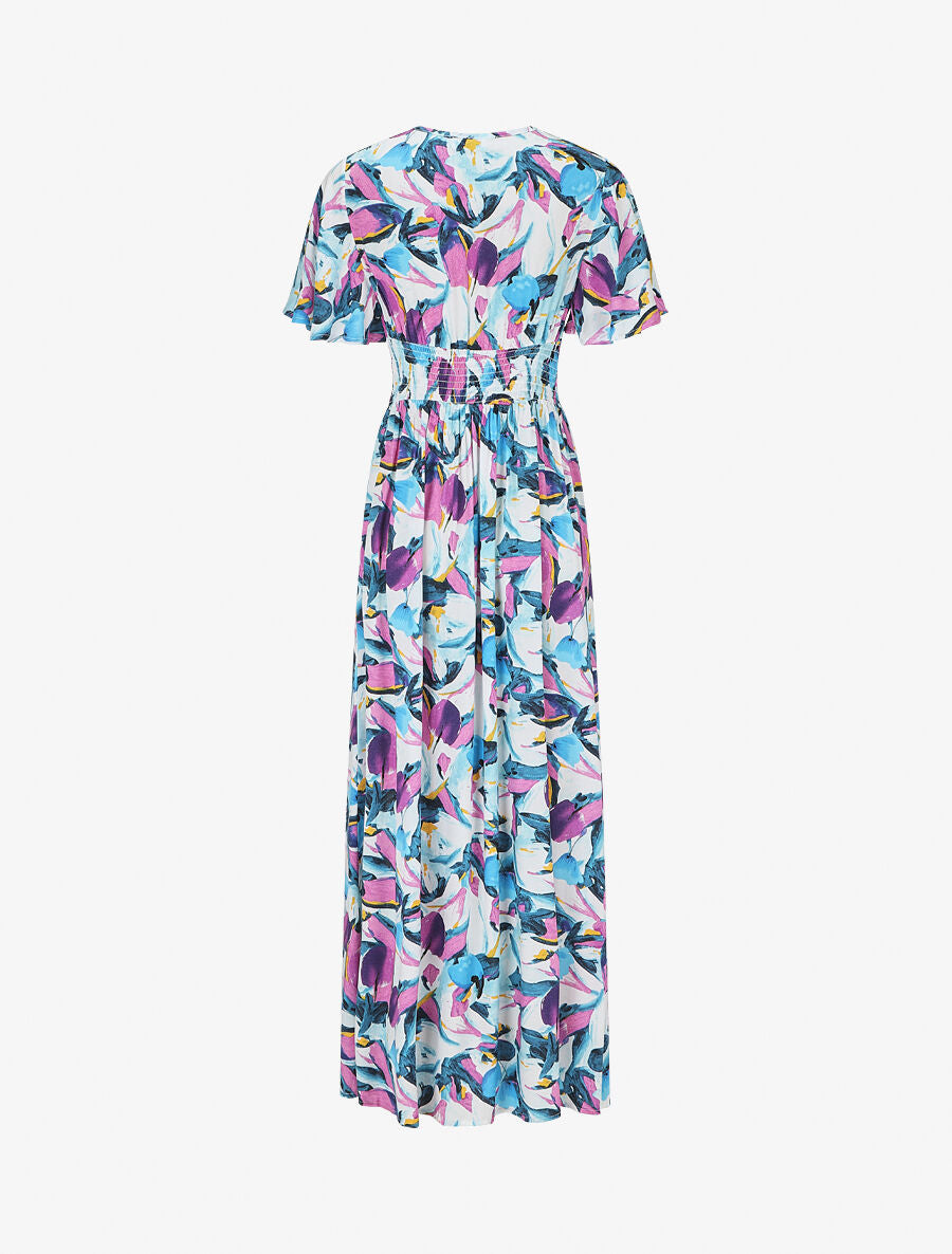 Robe longue fendue à taille élastiquée - Bleu - 2