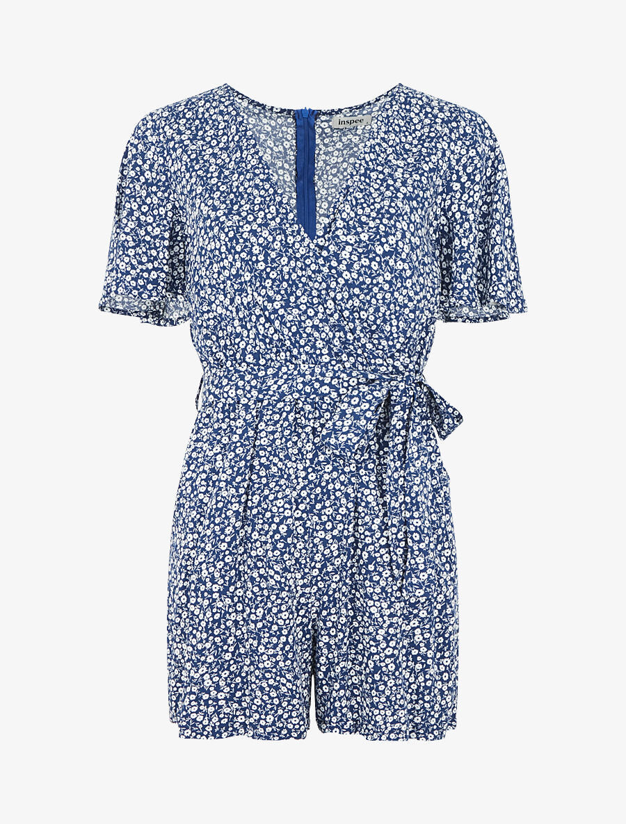 Combishort évasé manches courtes imprimé fleuri - Bleu - 5