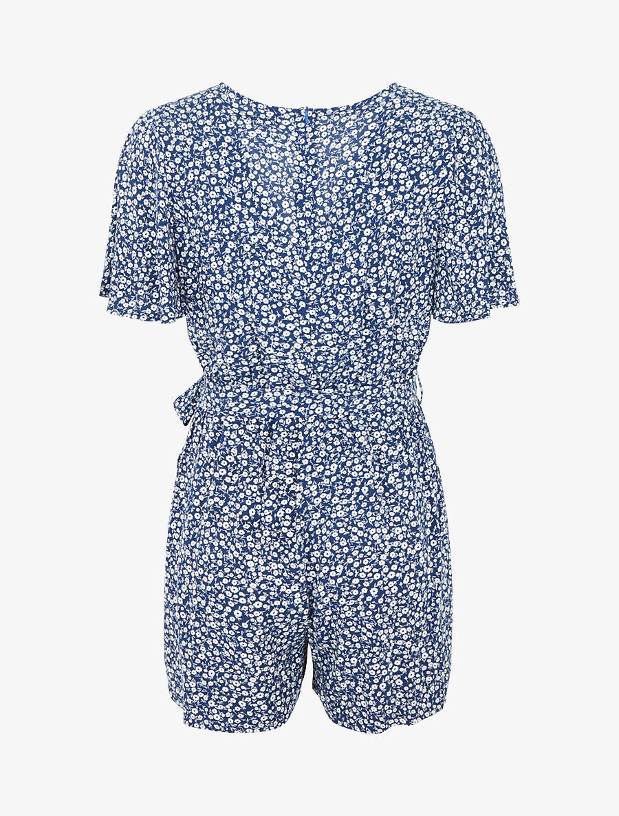 Combishort évasé manches courtes imprimé fleuri - Bleu - 2