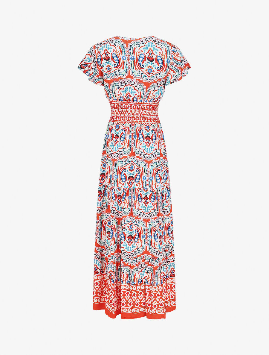 Robe longue à manches courtes imprimé fleurs graphiques - Orange - 2