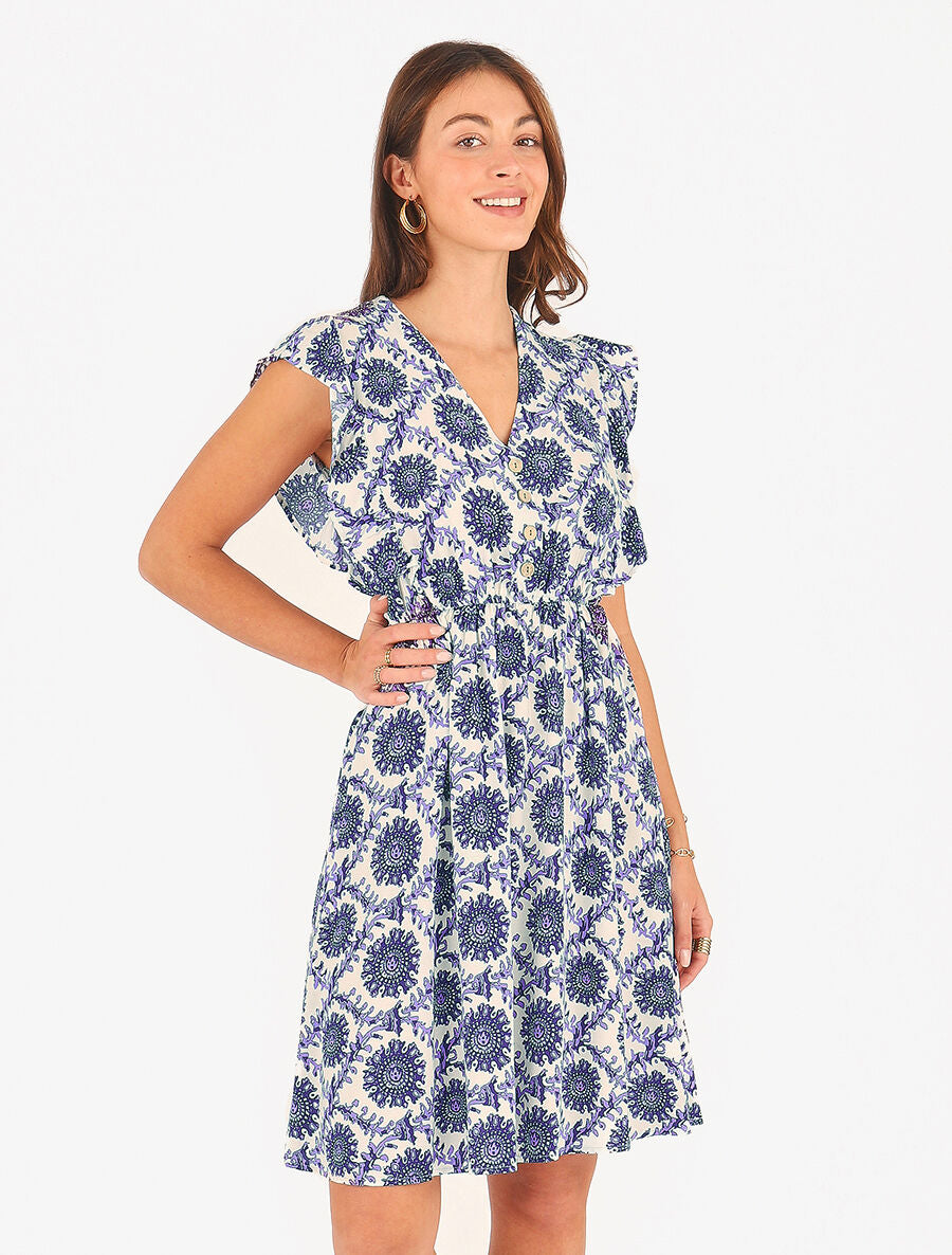 Robe mi-longue imprimé foulard à cordons de serrage - Bleu - 4