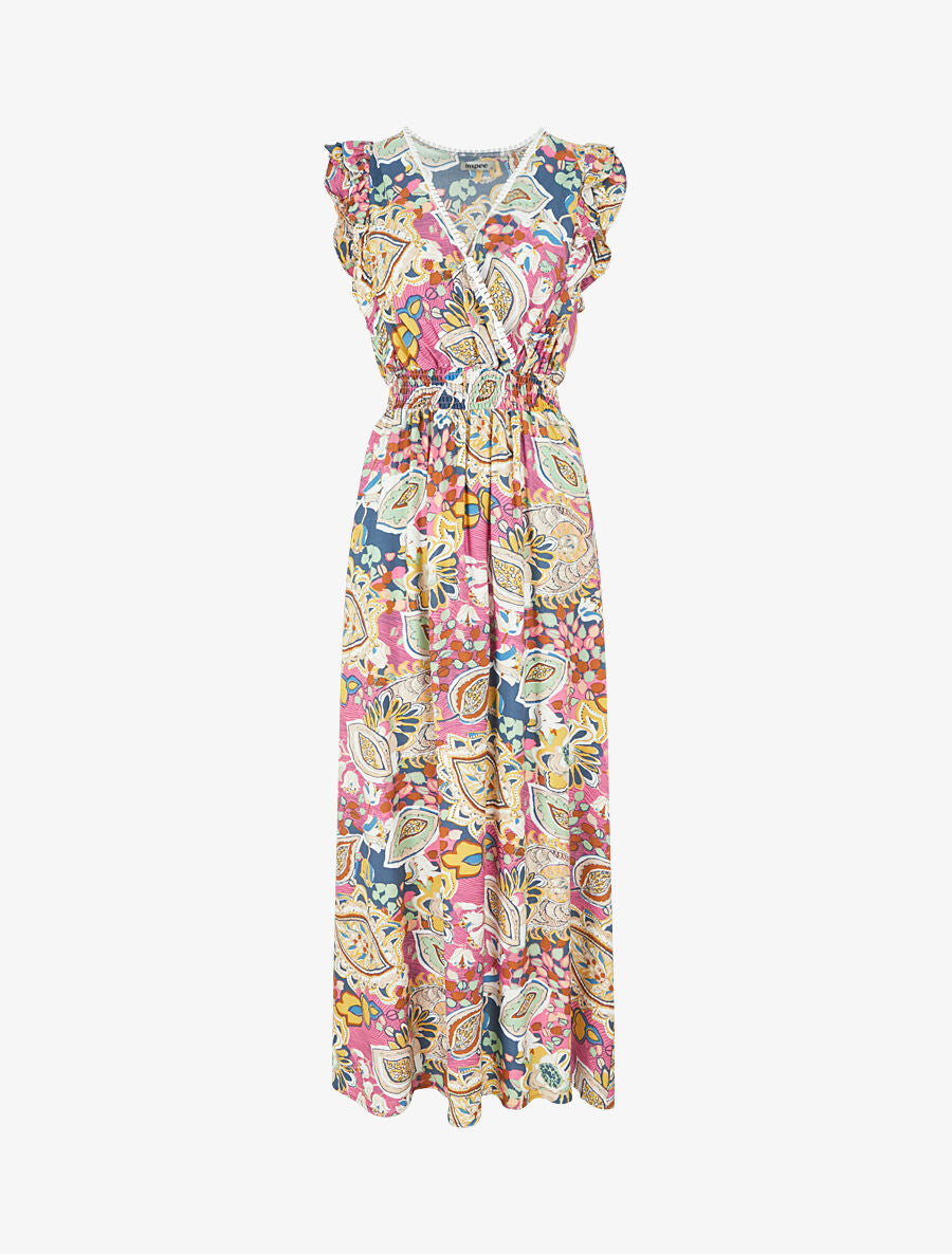 Robe longue élastiquée à mancherons - Rose - 1