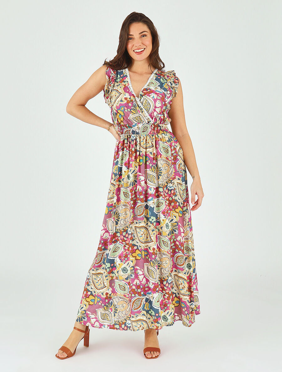 Robe longue élastiquée à mancherons - Rose - 4