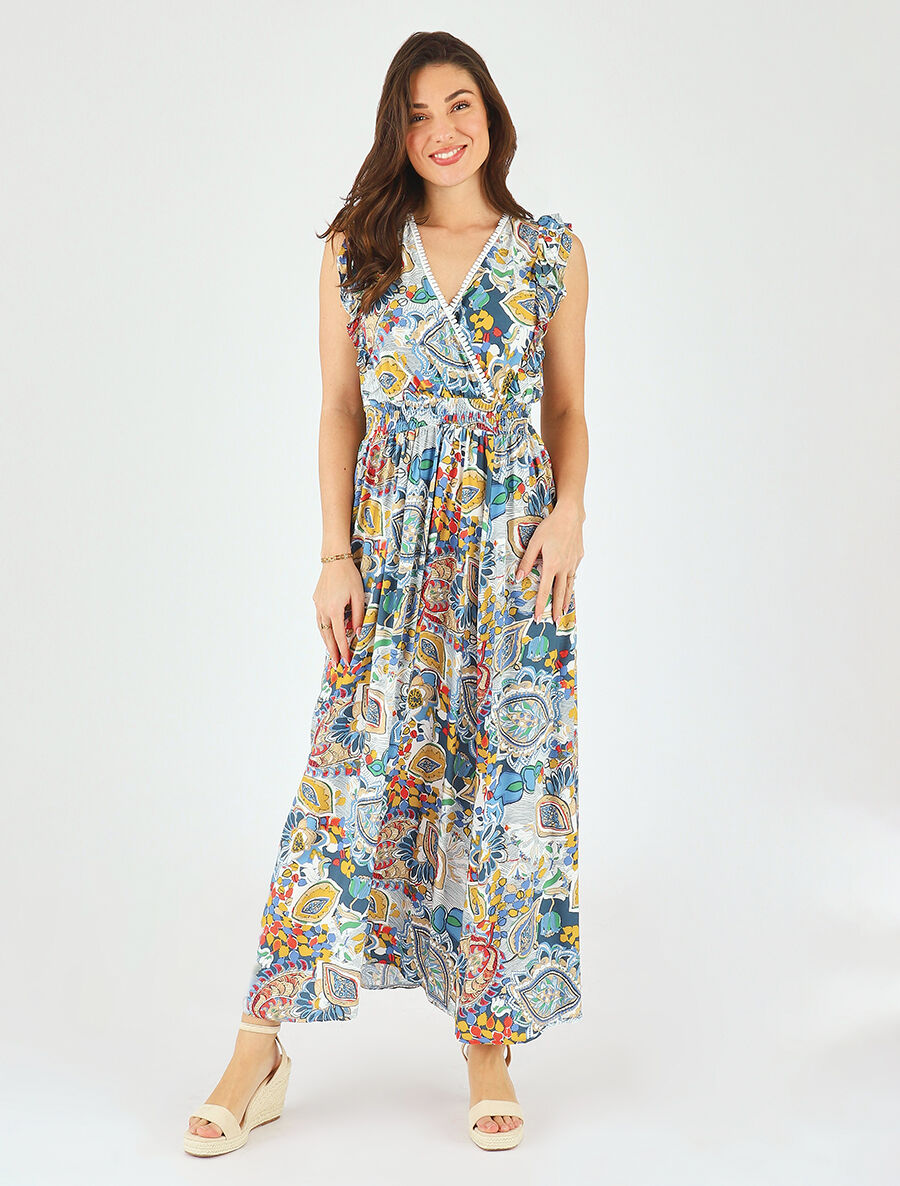 Robe longue élastiquée à mancherons - Bleu - 4